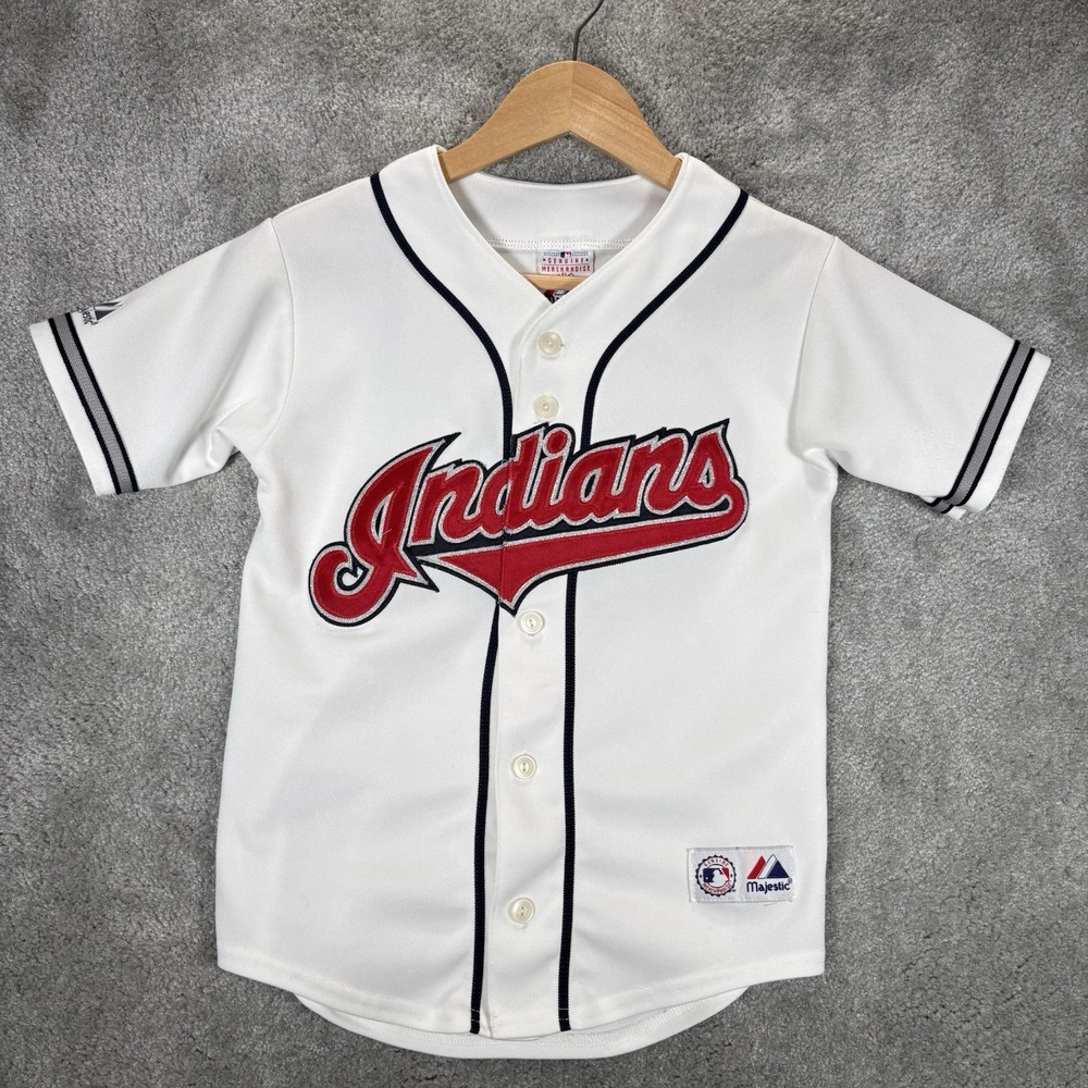 Vintage Cleveland Indians Baseball Jersey Youth Boys Small White Sewn Majestic